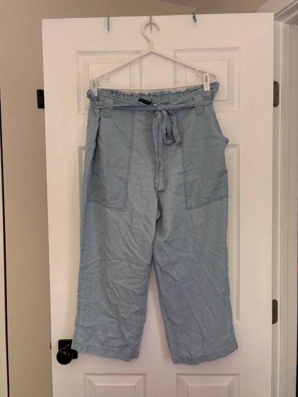 Paperbag Waist Capris/Summer Pants / Light Blue Tie-Waist Wide Leg Pants (XL)